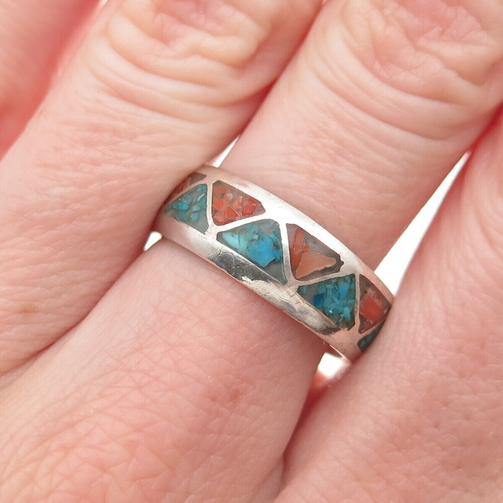 Old Pawn 925 Sterling Silver Vintage Turquoise & Coral Inlay Band Ring Size 8.25
